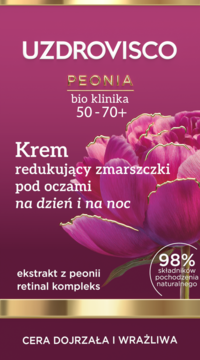 Krem UZDROVISCO Peonia 50-70+, na zmarszczki pod oczami, z peonią i 98% składników naturalnych, na ciemnoróżowym tle.
