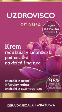 Krem pod oczy Uzdrovisco Peonia z retinalem, różowy, redukujący zmarszczki, na dzień i noc, widok z przodu.