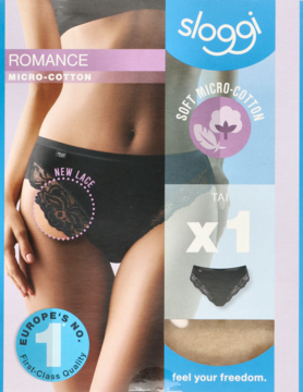 Opakowanie Sloggi Romance Micro-Cotton z czarnymi majtkami z koronką, rozmiar 42, widok z przodu.