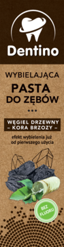 Opakowanie wybielającej pasty Dentino z węglem i korą brzozy, brązowe, widok z przodu, bez fluoru.