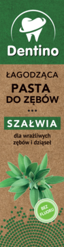 Łagodząca pasta Dentino z szałwią dla wrażliwych zębów, brązowo-zielone opakowanie, bez fluoru, widok z przodu.