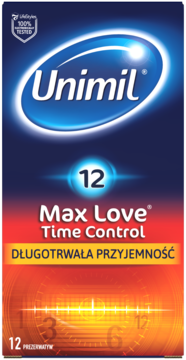 Przednie opakowanie prezerwatyw Unimil Max Love Time Control 12 szt., granatowe z pomarańczowym tłem, obiecujące długotrwałą przyjemność.