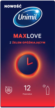 Unimil MaxLove Time Control prezerwatywy z żelem opóźniającym, granatowo-czerwone opakowanie, widok z przodu.