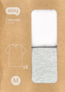 Kartonowe opakowanie Eloy z dwoma męskimi T-shirtami, biały i szary, rozmiar M, widoczne przez wycięcie.
