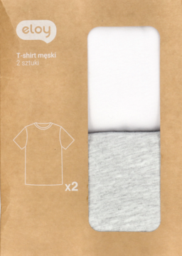 Eloy t-shirt męski, zestaw 2 sztuk: szary i biały, widoczne przez okienko brązowego opakowania.