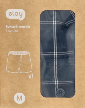 Opakowanie bokserek męskich Eloy, rozmiar M, granatowe w białą kratę, widoczne przez przezroczyste okienko.