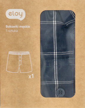 Bokserki męskie XL Eloy w brązowym opakowaniu z okienkiem, widoczne niebieskie w kratę, z guzikiem.