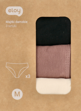 Opakowanie z 3 szt. fig damskich Eloy w rozmiarze M, w kolorach czarnym, różowym i beżowym.