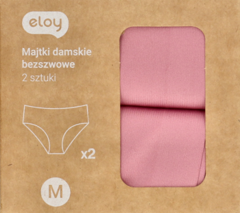 Kartonowe opakowanie majtek damskich Eloy, różowe bezszwowe w rozmiarze M, dwie sztuki, widok z przodu z okienkiem.