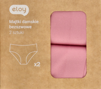 Eloy: różowe bezszwowe majtki damskie (2 szt.) w brązowym opakowaniu kartonowym z widocznym wycięciem.