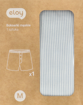 Brązowe opakowanie bokserek męskich eloy, rozmiar M, z oknem ukazującym biało-niebieskie paski, jedna sztuka.