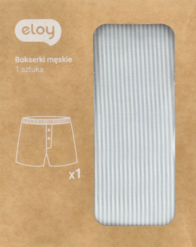 Kartonowe opakowanie bokserek męskich Eloy, z pionowym okienkiem ukazującym niebiesko-białe pasy tkaniny.