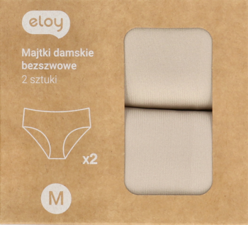 Eloy beżowe majtki damskie bezszwowe, 2 sztuki rozmiar M, w brązowym opakowaniu z podglądem przez okienko.