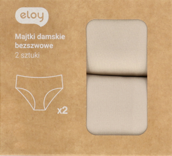 Brązowe opakowanie Eloy z okienkiem. Widoczne 2 beżowe, bezszwowe majtki damskie, złożone w kostkę.