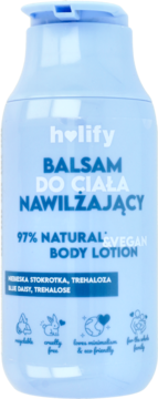 Jasnoniebieski balsam Holify z pompką, nawilżający, 97% naturalny, wegański z błękitną stokrotką, widok z przodu.