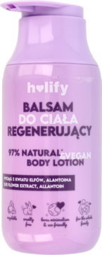 Holify regenerujący balsam do ciała w liliowej butelce z pompką. Produkt naturalny i wegański z alantoiną.