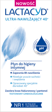 Lactacyd Ultra-Nawilżający 40+ płyn do higieny intymnej, białe opakowanie z kroplą pH, nawilża 8h.