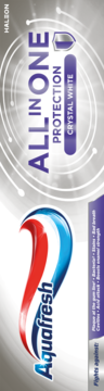 Aquafresh All in One Protection Crystal White pasta do zębów, pionowe opakowanie z logo i hasłem na srebrno-szarym tle.