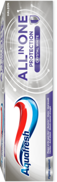 Biało-szare pudełko pasty Aquafresh All in One Protection Crystal White, z przodu logo i duży napis ALL IN ONE.