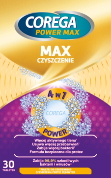 Front opakowania Corega Power Max 4w1 tabletki do czyszczenia protez zębowych, 30 sztuk, złoto-fioletowe.