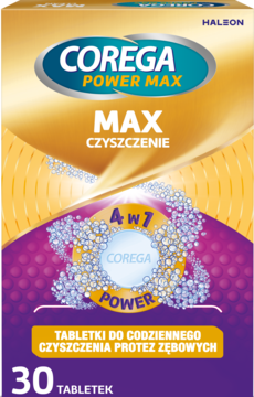 Corega Power Max, tabletki 4w1 do czyszczenia protez zębowych. Złoto-fioletowe pudełko, widok z przodu, 30 szt.