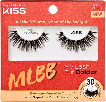 KISS MLBB My Lash But Bolder, Big Personality, rzęsy 3D w czerwonym opakowaniu, widoczne dwie czarne rzęsy.