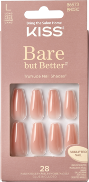 KISS Bare but Better™ TruNude długie sztuczne paznokcie, nude ombre, w różowym opakowaniu, widok z przodu.