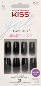KISS Gel Fantasy Jelly Color sztuczne paznokcie, długie, czarne, translucentne, w białym opakowaniu, widok z przodu.
