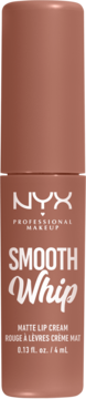 NYX Smooth Whip Matte Lip Cream w brązowo-różowej tubce, widok z przodu, z białym napisem.