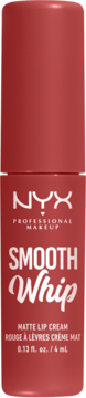 Czerwony NYX Smooth Whip Matte Lip Cream, pionowy widok z przodu, białe napisy, 0.13 fl. oz./4ml.