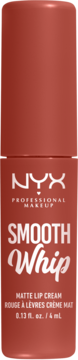 NYX Smooth Whip Matte Lip Cream w brązowo-pomarańczowej tubce, widok z przodu, białe napisy.
