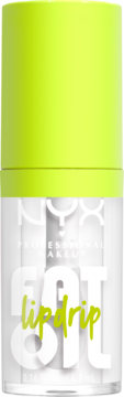 NYX Professional Makeup Fat Oil Lip Drip: olejek do ust w przezroczystej butelce z neonowym zielonym wieczkiem, widok z przodu.