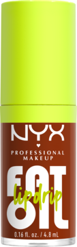 NYX Fat Oil Lip Drip, brązowa butelka z jaskrawozieloną nakrętką, widok z przodu. Błyszczący olejek do ust.