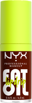 NYX Fat Oil Lip Drip, błyszczący olejek do ust w brązowej butelce z limonkową nakrętką, widok z przodu.