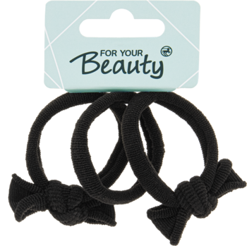 Dwie czarne elastyczne gumki do włosów z ozdobnymi wiązaniami na zawieszce For Your Beauty, zbliżenie.