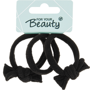 Dwie czarne elastyczne gumki do włosów z ozdobnymi wiązaniami na zawieszce For Your Beauty, zbliżenie.