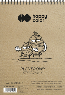 Szkicownik Happy Color A5 Plenerowy, brązowa okładka z rysunkiem dwóch sów i widoczną spiralą.