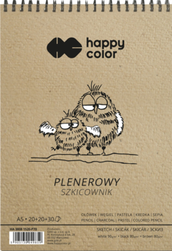 Szkicownik Happy Color A5 Plenerowy, brązowa okładka z rysunkiem dwóch sów i widoczną spiralą.