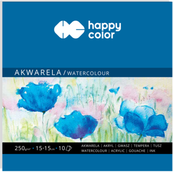 Blok akwarelowy Happy Color ART 15x15cm, 250g, 10 arkuszy, niebieskie opakowanie z motywem akwarelowych kwiatów.