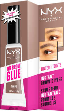 NYX The Brow Glue Taupe, tintowany klej do brwi, w beżowo-różowym opakowaniu, z obrazkiem przed/po.