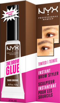 NYX The Brow Glue Dark Brown, tubka i pudełko brązowo-różowe. Widok z przodu. Tintowany klej do brwi z efektem laminacji.