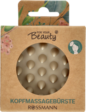 Szczotka do masażu głowy For Your Beauty Rossmann w brązowym kartonie z okrągłym oknem pokazującym beżowe wypustki.