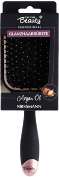 Czarna szczotka For Your Beauty Glanzhaarbürste Argan Oil w opakowaniu, z różowymi detalami, widok z przodu.