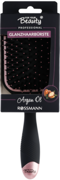 Czarna szczotka For Your Beauty Glanzhaarbürste Argan Oil w opakowaniu, z różowymi detalami, widok z przodu.
