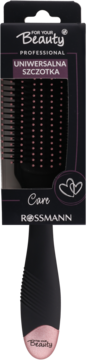 Czarna szczotka For Your Beauty Rossmann, z różowym włosiem turmalinowym, w czarnym opakowaniu kartonowym.