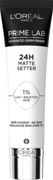 L'Oréal Paris Prime Lab Matte Setter, baza matująca w białej tubie ze składnikami aktywnymi, widok z przodu.