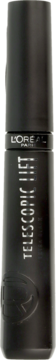 Czarna, smukła tubka tuszu L’Oréal Paris Telescopic Lift Extra Black. Widok z przodu, z białymi napisami.