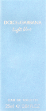 Jasnoniebieskie pudełko Dolce & Gabbana Light Blue Eau de Toilette 25ml, z białymi napisami, widok z przodu.