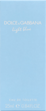 Jasnoniebieskie pudełko perfum Dolce & Gabbana Light Blue Eau de Toilette 25ml, z białymi napisami, widok z przodu.