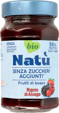 Słoik dżemu Rigoni di Asiago Natu z owoców leśnych, 95% owoców, bez cukru, widok z przodu.